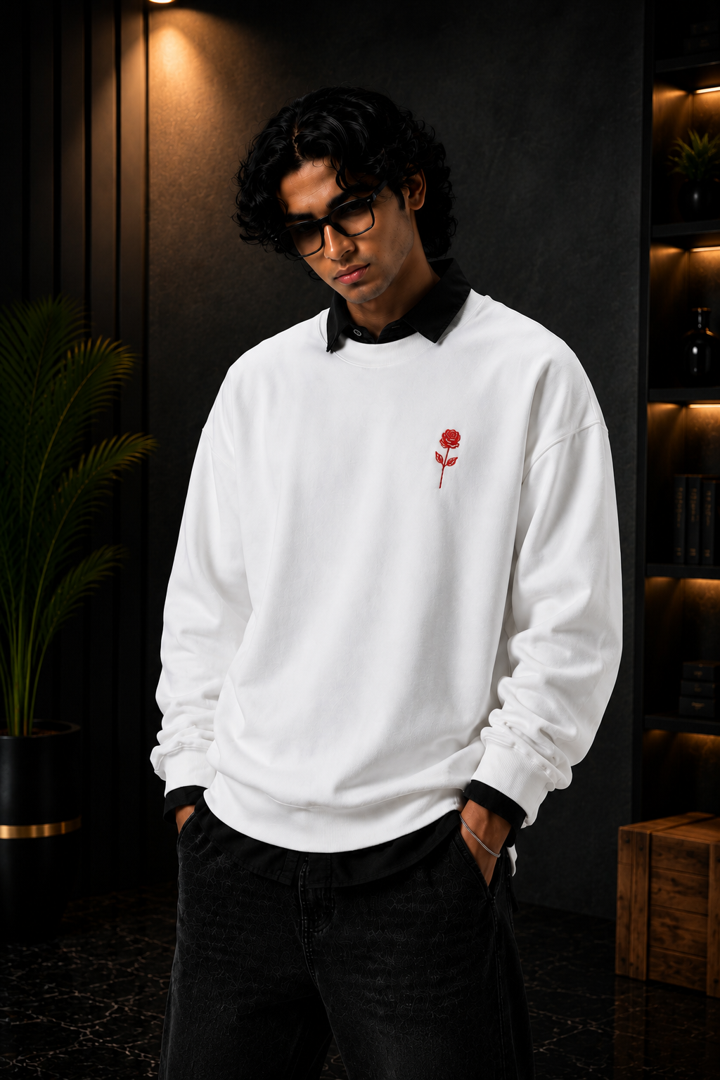 🤍 White Rose Embroidery Premium Sweatshirt
