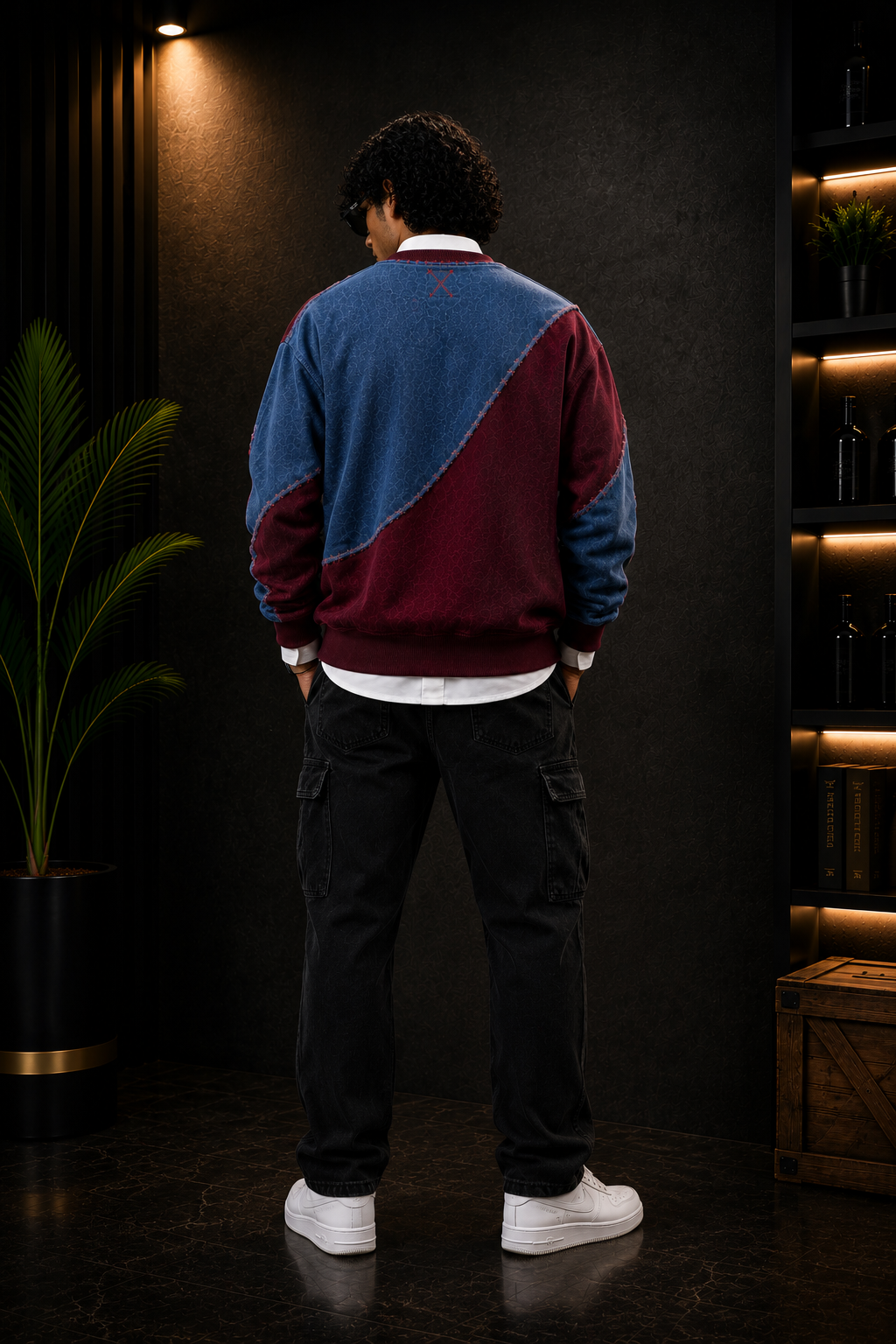 Blue & Burgundy Patchwork Crewneck Sweatshirt