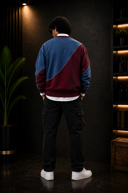 Blue & Burgundy Patchwork Crewneck Sweatshirt