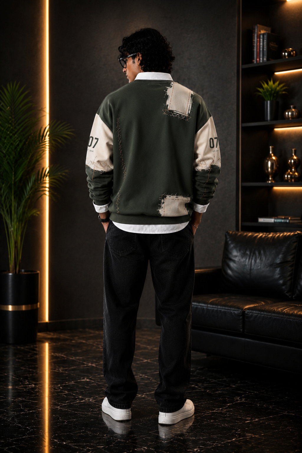 🫒 Olive Green & Black Utility Patchwork Premium Sweatshirt