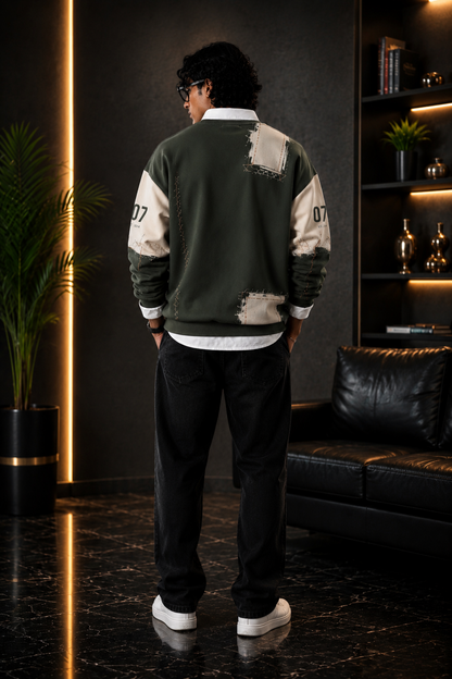 🫒 Olive Green & Black Utility Patchwork Premium Sweatshirt