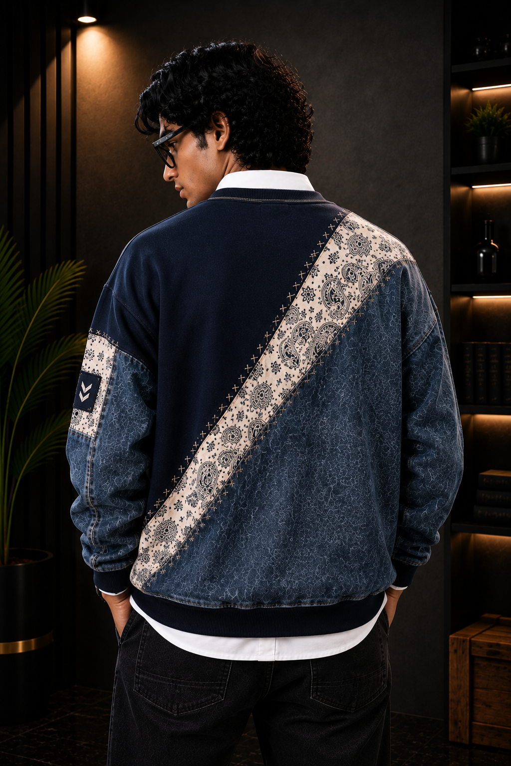 Premium Navy Blue & Denim Patchwork Crewneck Sweatshirt
