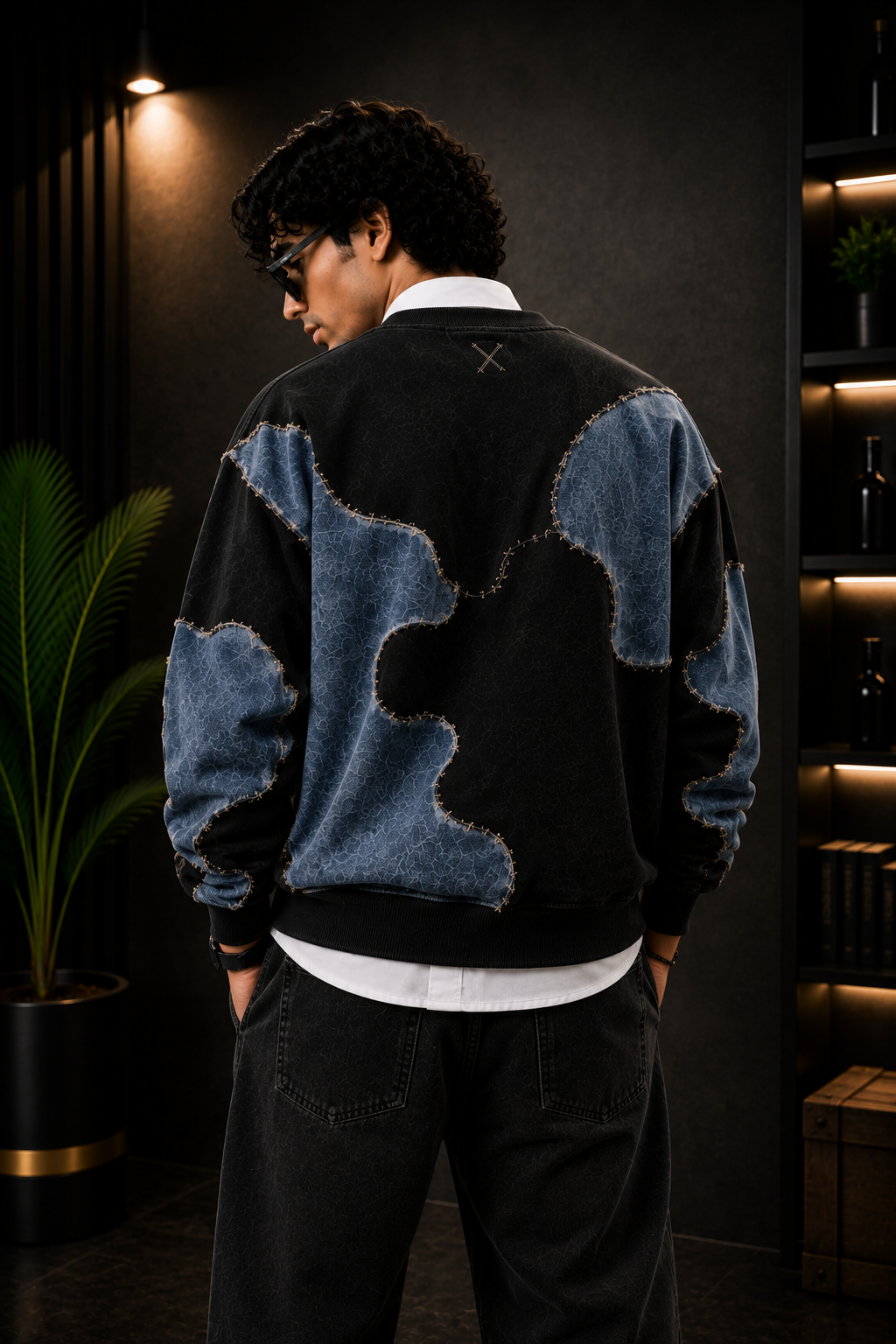 Premium Black & Denim Blue Patchwork Crewneck Sweatshirt