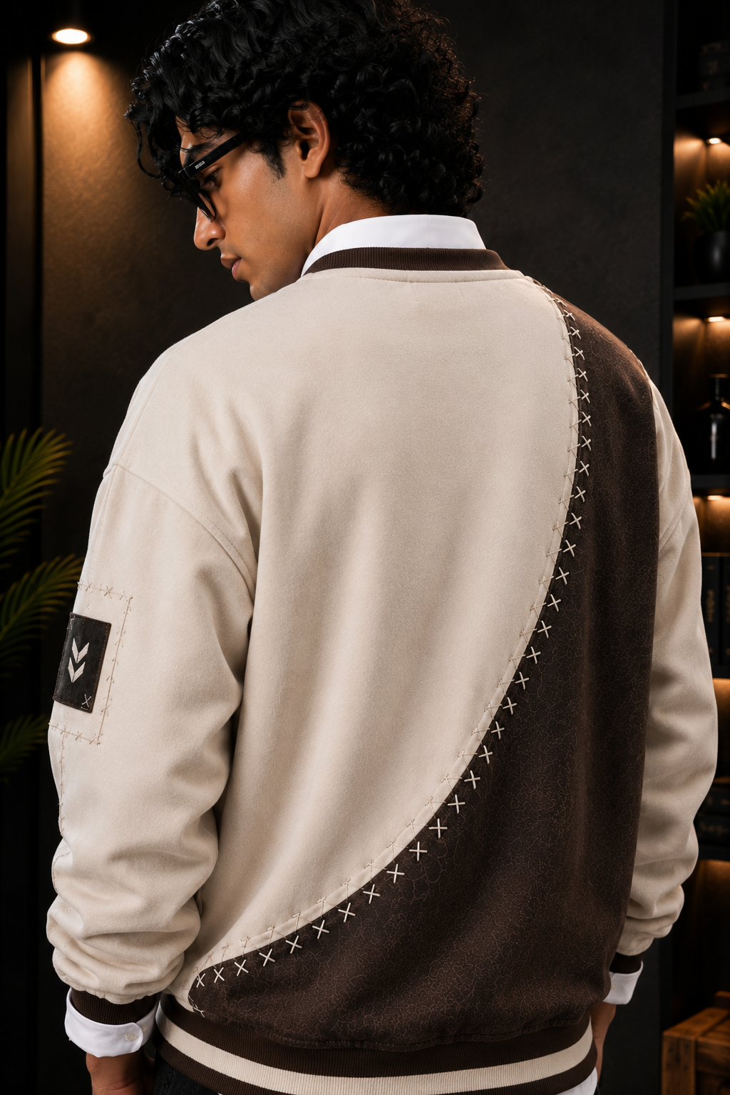 👕 Premium Cream & Brown Patchwork Crewneck Sweatshirt