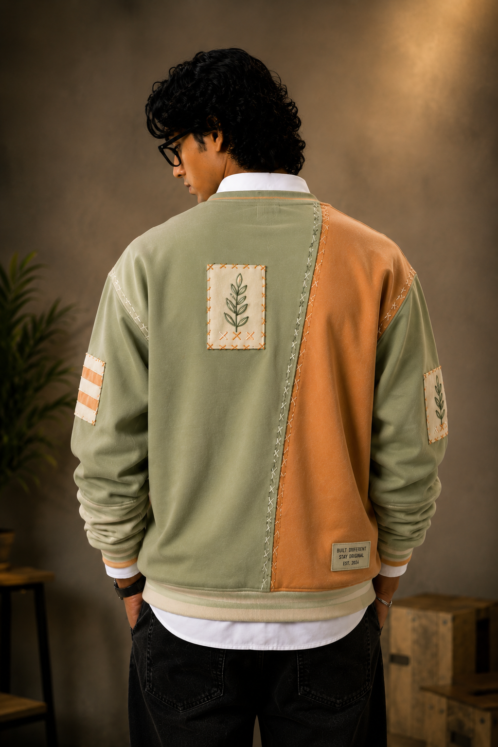 👕 Premium Olive Green & Brown Patchwork Sweatshirt