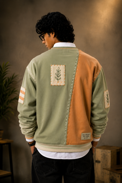 👕 Premium Olive Green & Brown Patchwork Sweatshirt