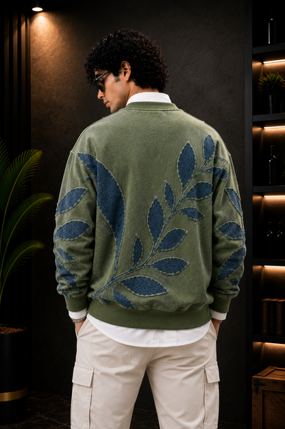 👕 Premium Olive Green Leaf Patchwork Sweatshirt