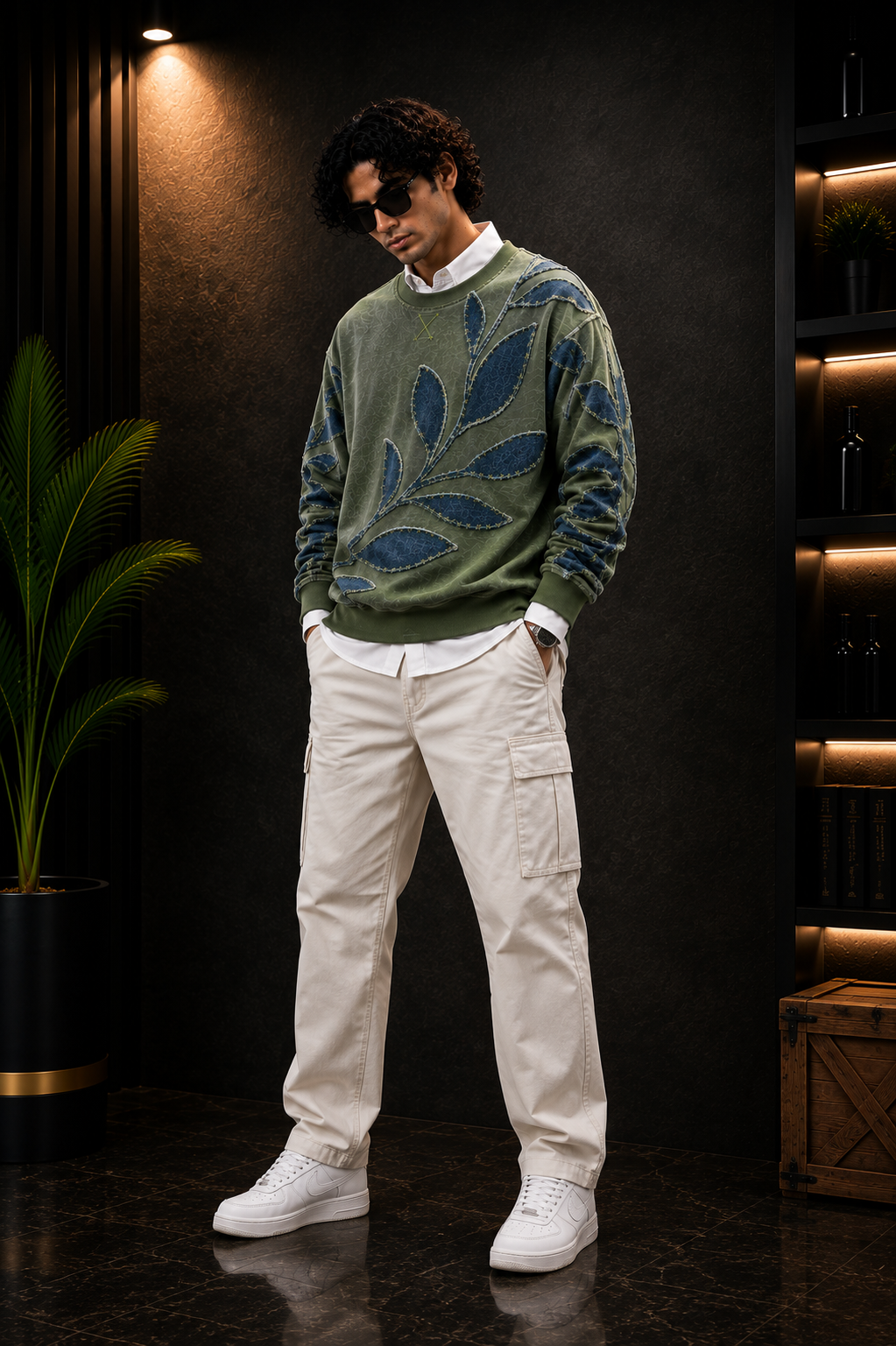 👕 Premium Olive Green Leaf Patchwork Sweatshirt