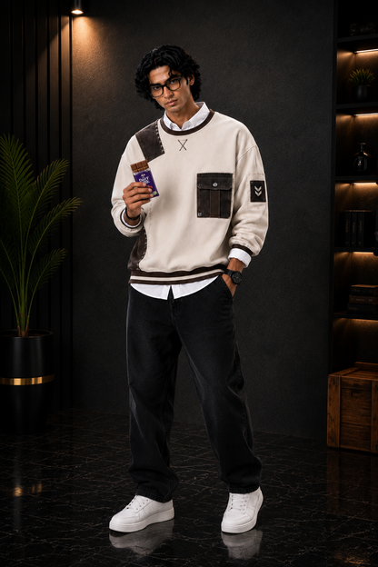 👕 Premium Cream & Brown Patchwork Crewneck Sweatshirt