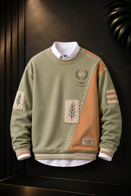 👕 Premium Olive Green & Brown Patchwork Sweatshirt