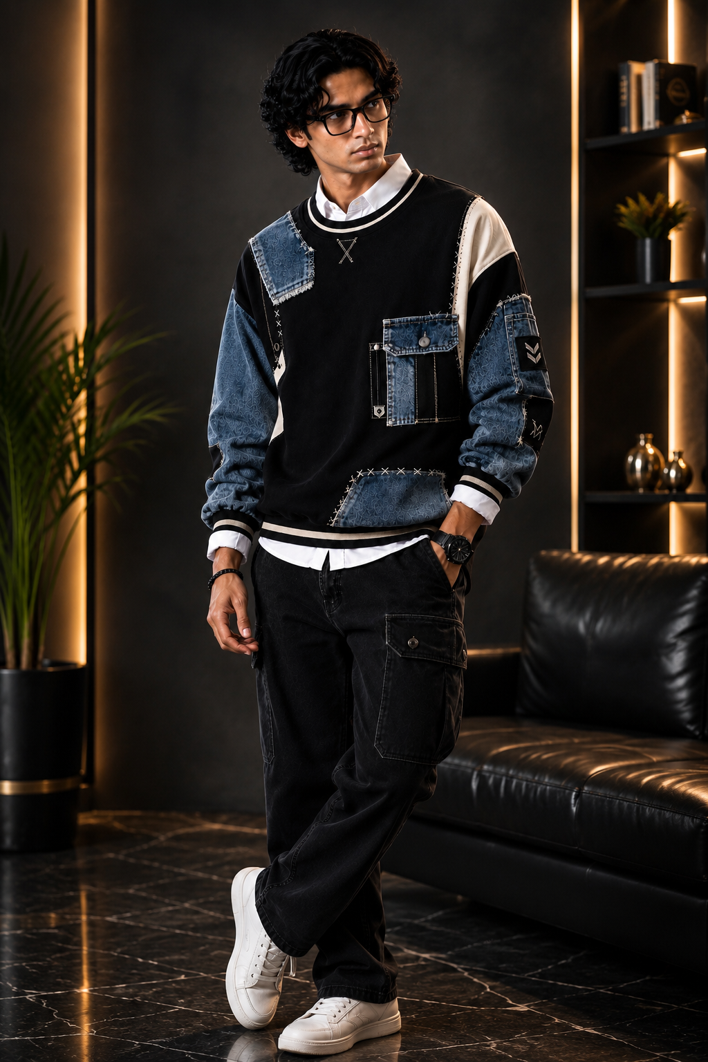 🖤 Black & Denim Blue Patchwork Premium Sweatshirt