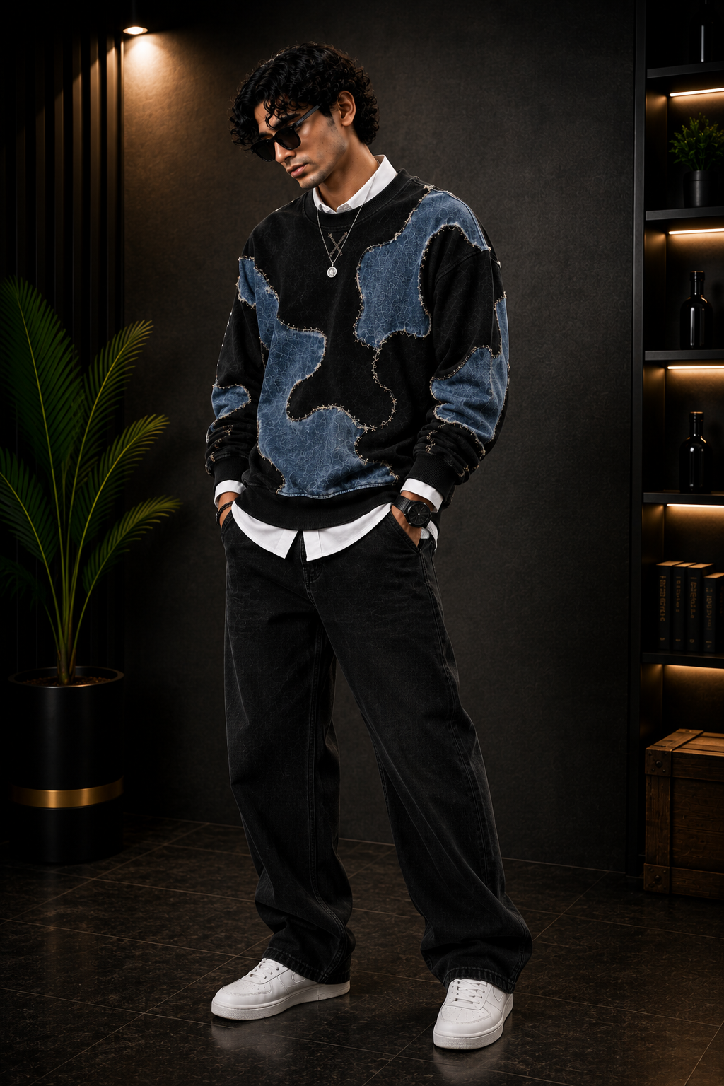 Premium Black & Denim Blue Patchwork Crewneck Sweatshirt