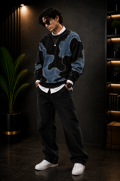 Premium Black & Denim Blue Patchwork Crewneck Sweatshirt