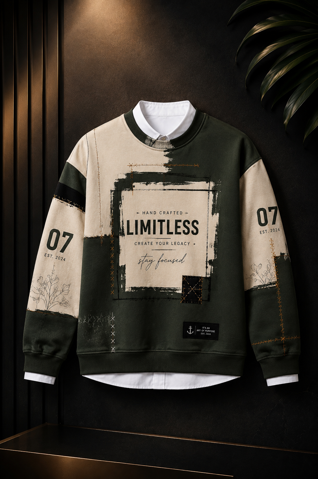 🫒 Olive Green & Black Utility Patchwork Premium Sweatshirt