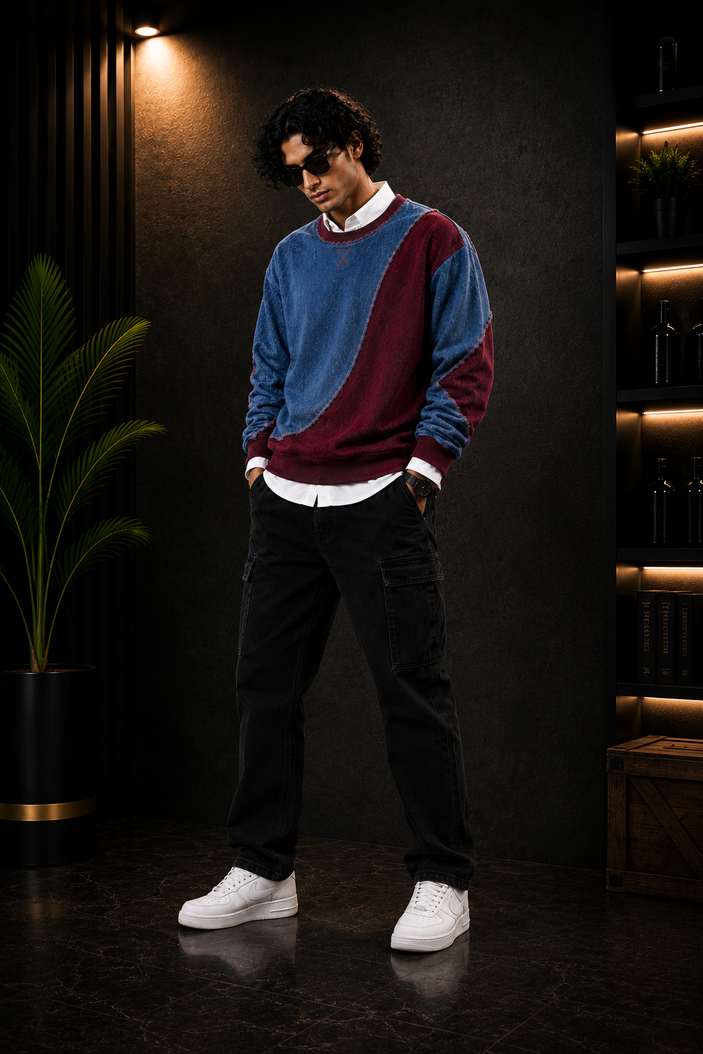 Blue & Burgundy Patchwork Crewneck Sweatshirt