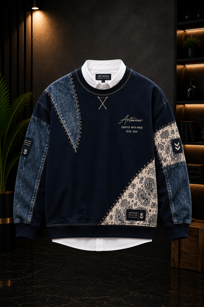 Premium Navy Blue & Denim Patchwork Crewneck Sweatshirt