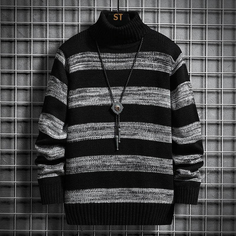 Premium White & Black Striped Turtleneck Sweater