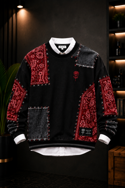 🧥 Premium Black & Red Patchwork Crewneck Sweatshirt
