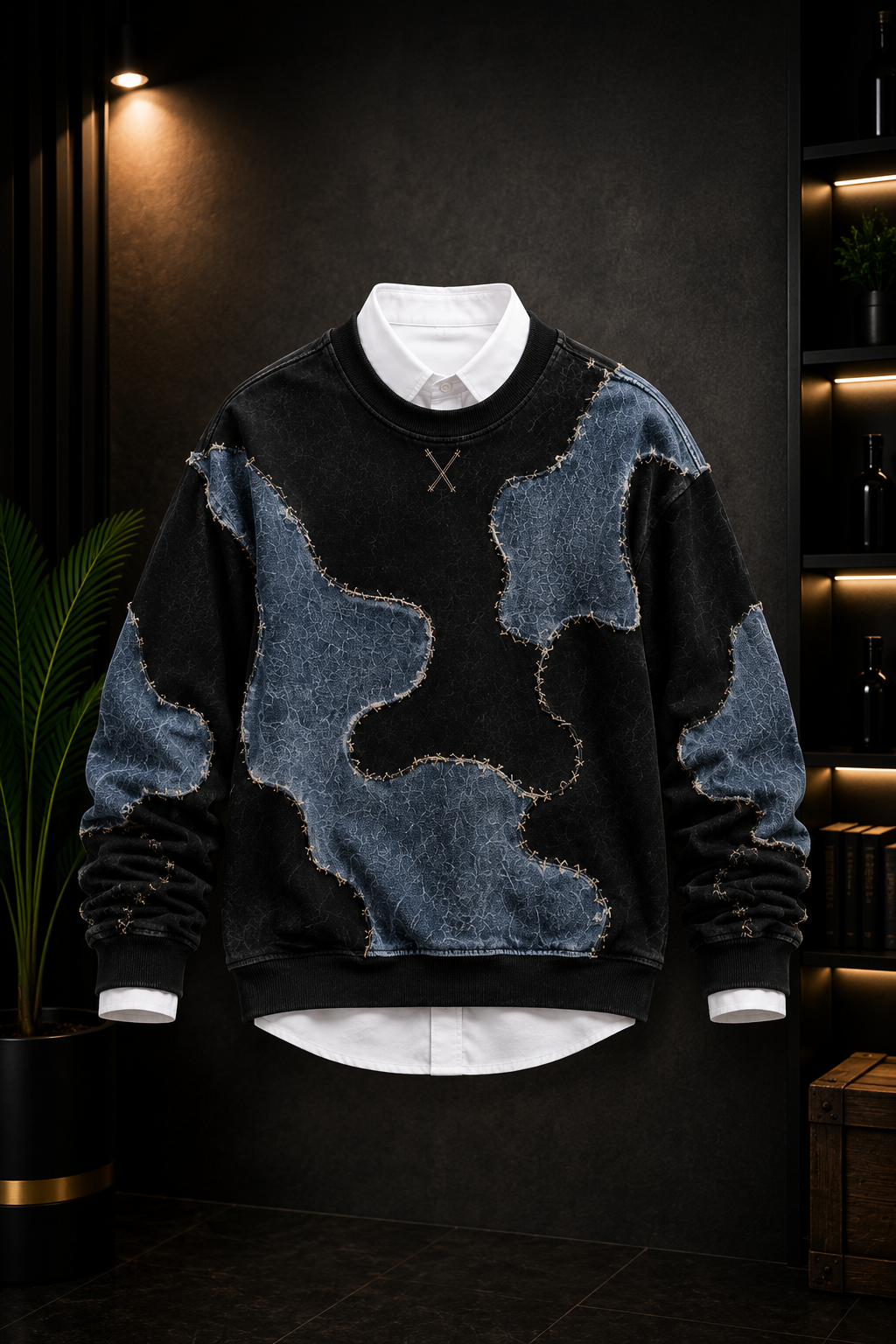Premium Black & Denim Blue Patchwork Crewneck Sweatshirt