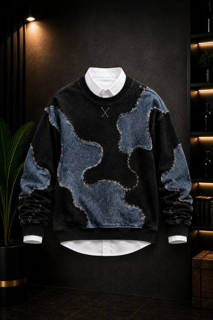 Premium Black & Denim Blue Patchwork Crewneck Sweatshirt