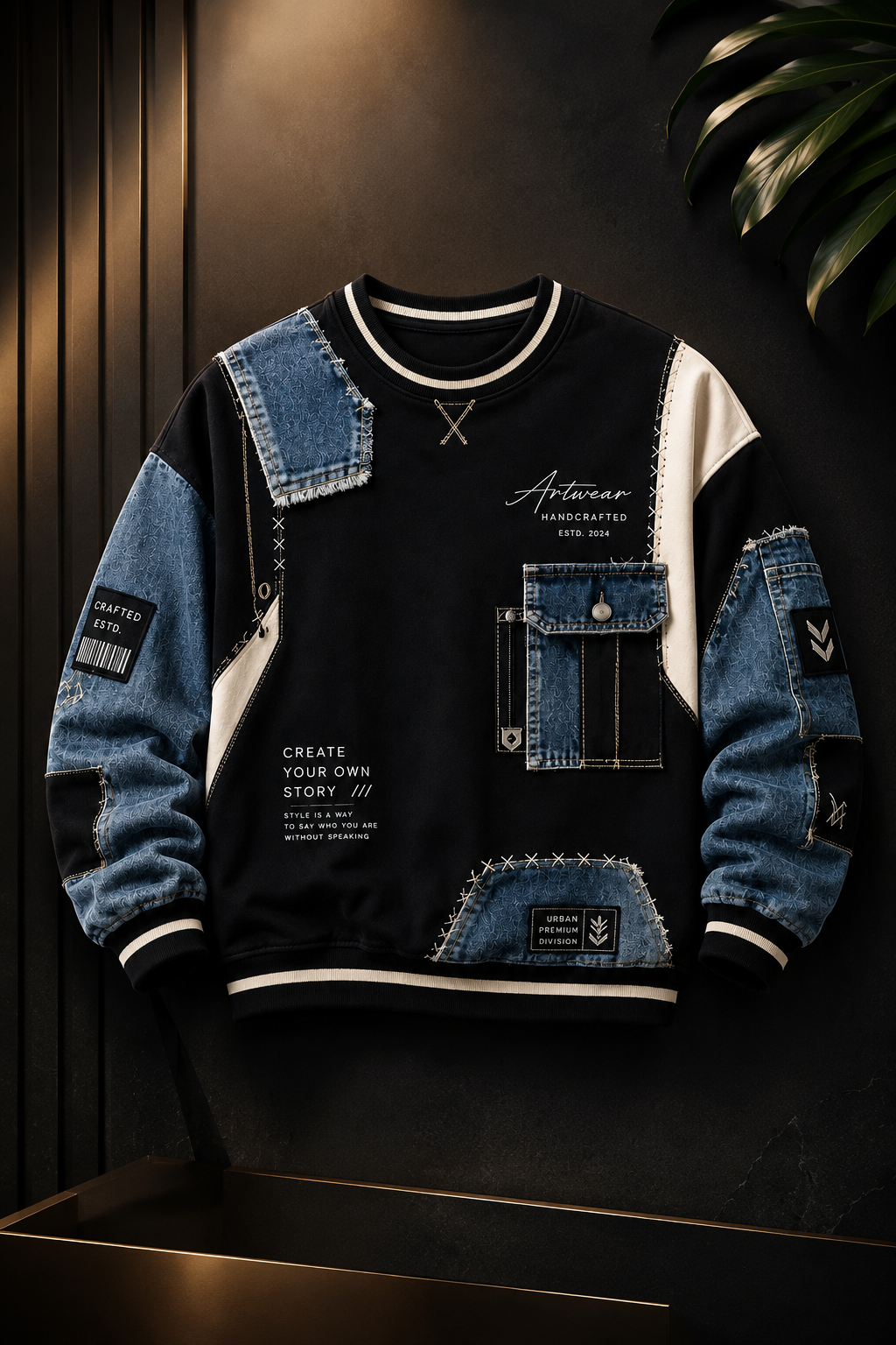 🖤 Black & Denim Blue Patchwork Premium Sweatshirt