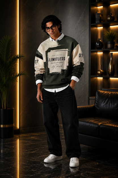 🫒 Olive Green & Black Utility Patchwork Premium Sweatshirt