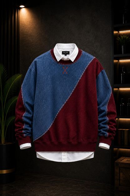 Blue & Burgundy Patchwork Crewneck Sweatshirt