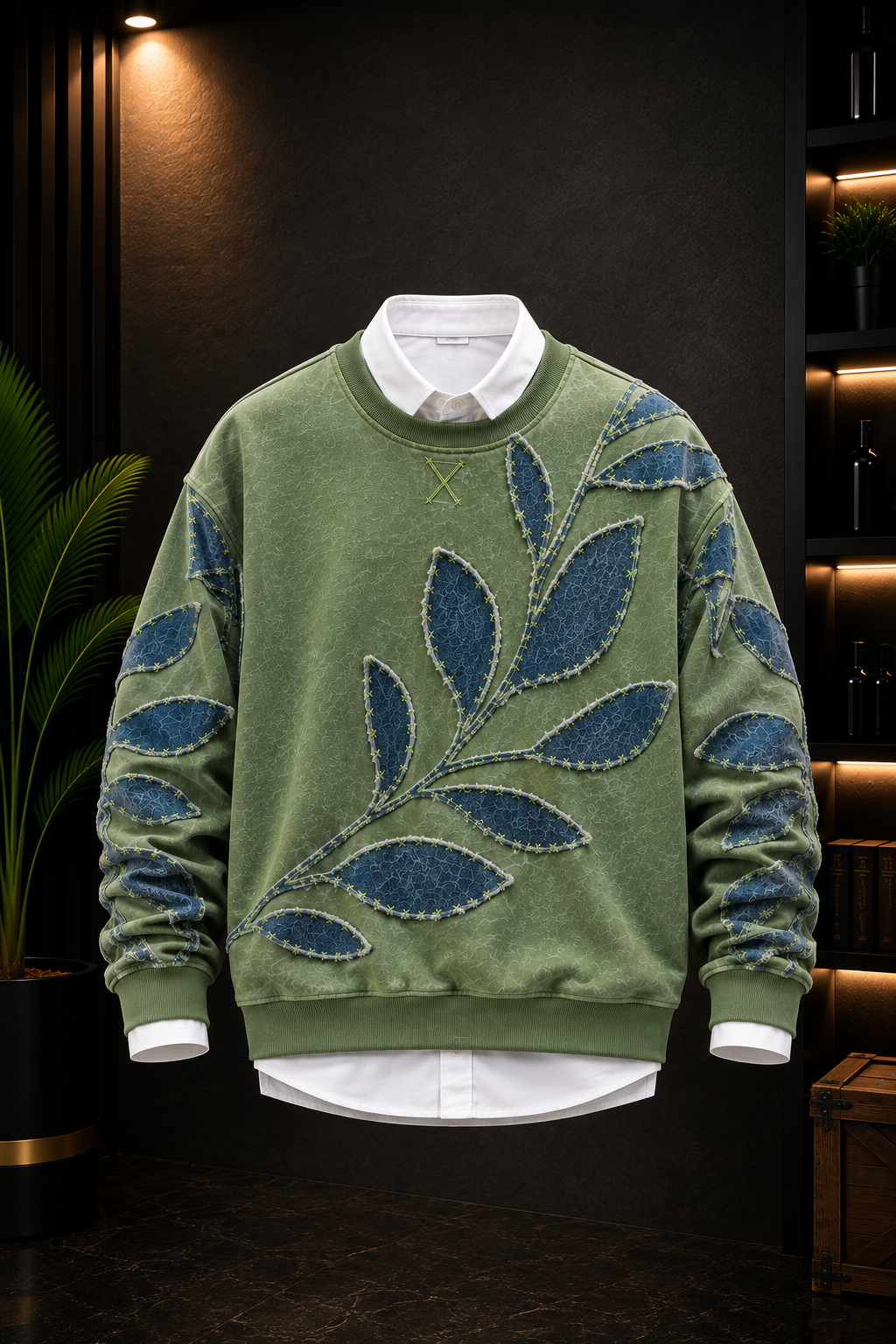 👕 Premium Olive Green Leaf Patchwork Sweatshirt