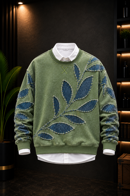 👕 Premium Olive Green Leaf Patchwork Sweatshirt