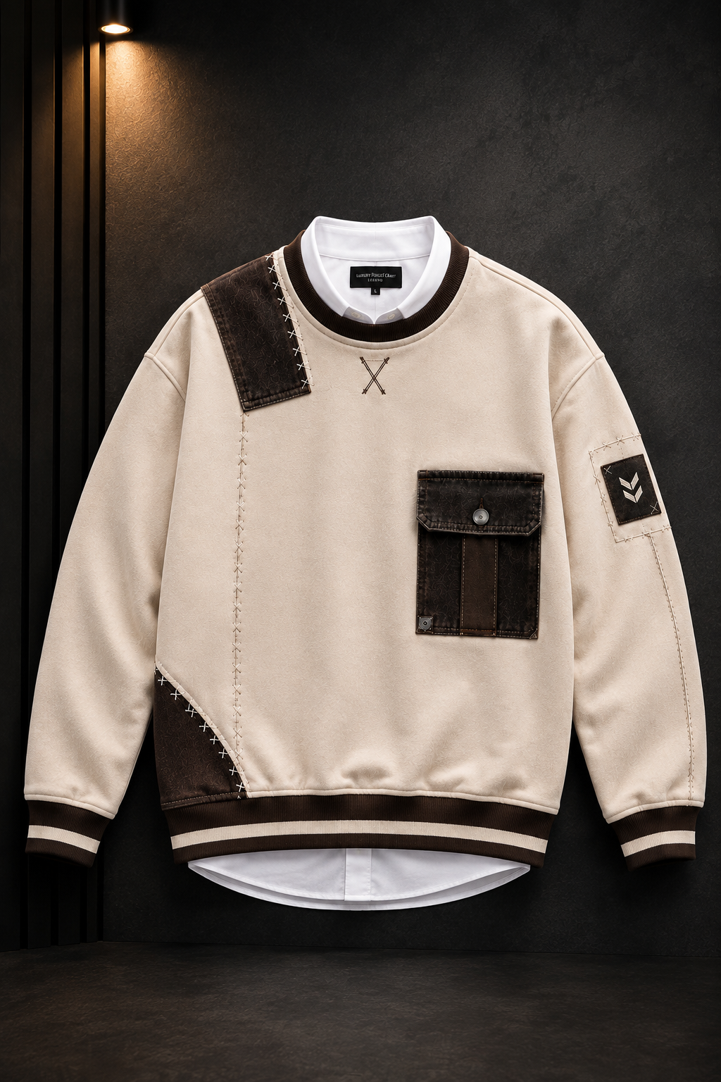 👕 Premium Cream & Brown Patchwork Crewneck Sweatshirt