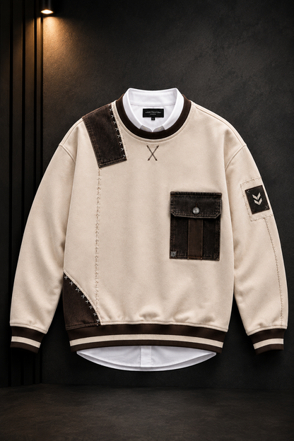 👕 Premium Cream & Brown Patchwork Crewneck Sweatshirt