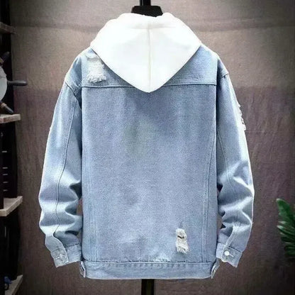 Premium Light Blue Distressed Denim Hooded Jacket
