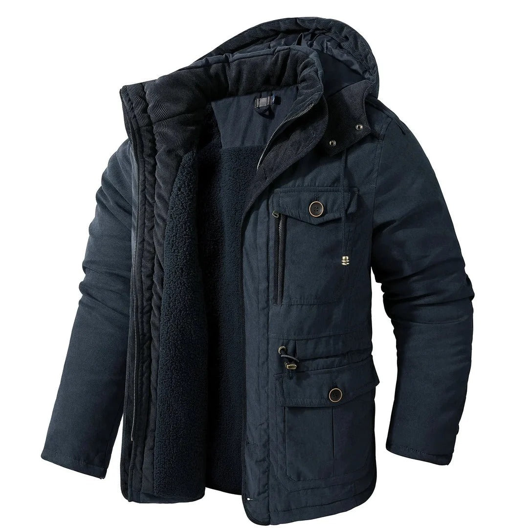 Premium Navy Blue Multi-Pocket Hooded Winter Jacket