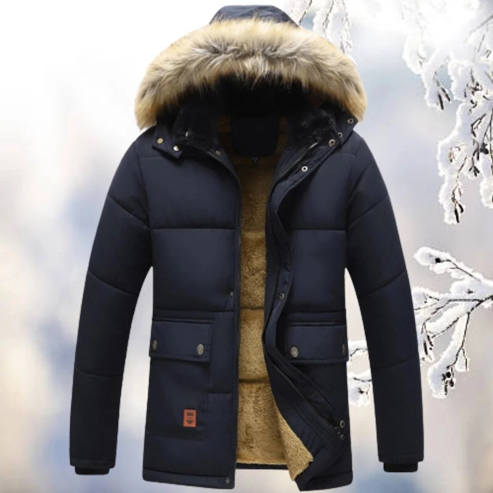 Premium Navy Blue Fur-Hooded Winter Jacket