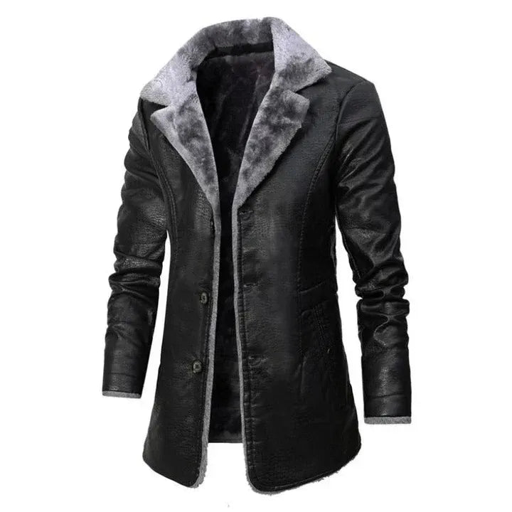 Premium Black Shearling-Lined Leather-Style Coat