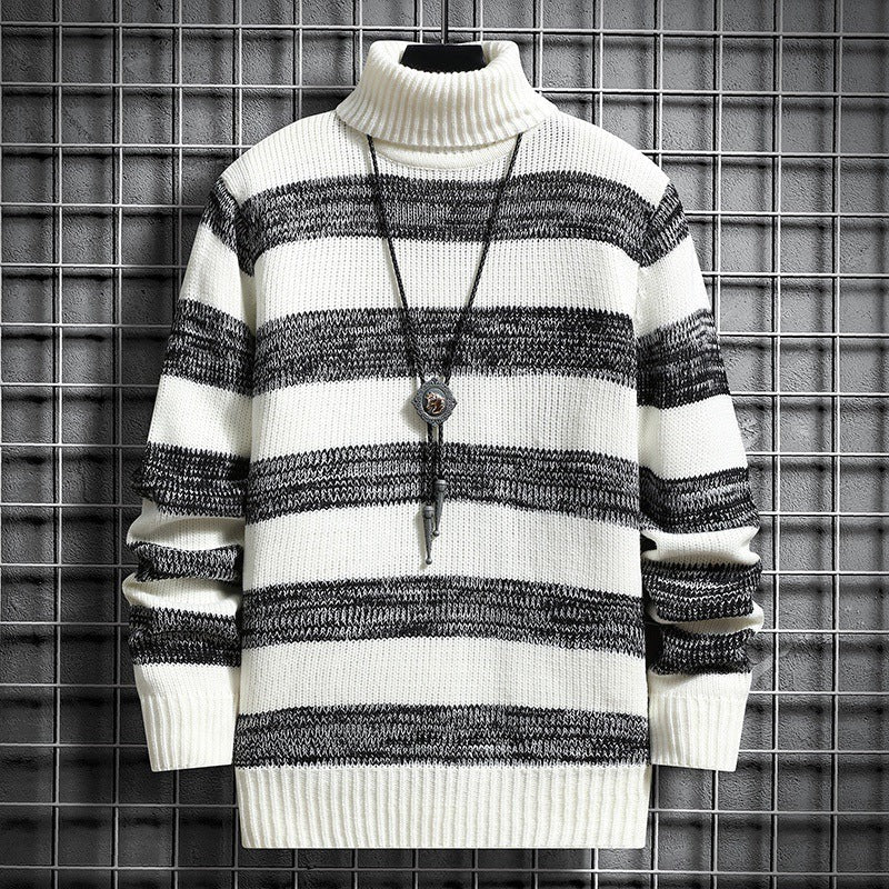 Premium White & Black Striped Turtleneck Sweater
