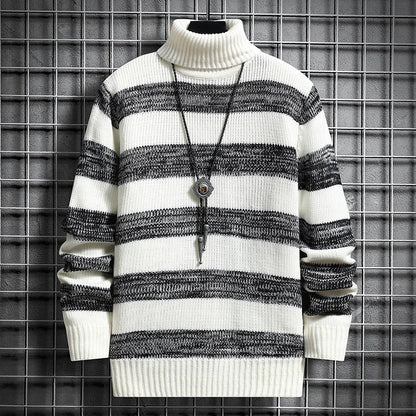 Premium White & Black Striped Turtleneck Sweater